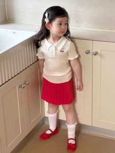 Cute Girls Summer Outfit Cherry Embroidery Ruffle Collar T-shirt Red Pleated Short Skirt Set Breathable Polyester Fabric