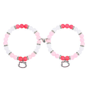 Sanrio | Hello Kitty Matching Couple Bracelets Pink & White Beaded Zinc Alloy with Magnetic Heart Clasp BFF Friendship Jewelry