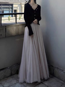 Elegant High Waist A-Line Long Skirt Half-length Mesh Double-layer Ankle-length New Style Draping Wide Hem Commute Friendly