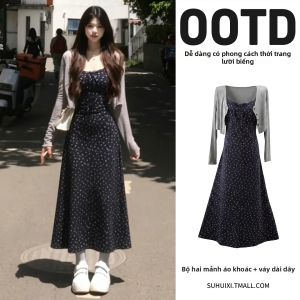 SUHUIQIAN | Đầm Hè Phối Dây In Hoa Màu Xanh Slim Fit Ngắn