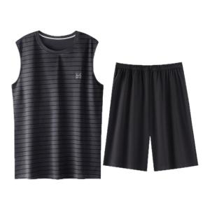 Miiow | Mens Summer Sleepwear Pure Cotton Sleeveless Hooded Shorts Set Stripe Thin Home Clothes Set Comfortable Breathable Lightweight