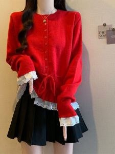 เสื้อสเวตเตอร์ถักแขนยาวคอตั้งสีแดงลายดอกไม้สุดหวานสำหรับผู้หญิง ฤดูใบไม้ร่วง รัดเอว กระชับสัดส่วน หลวมๆ เสื้อตัวบน