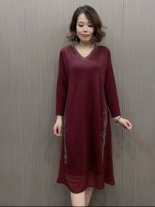 Thanh Lịch Tay Dài Đầm Dành Cho Các Bà Mẹ Trung Niên Mùa Thu Cổ Chữ V Chia Rộng Rãi Thon Gọn Đi Lại Trên Cao Chân Váy Chữ A