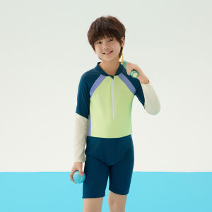 Long Sleeve Sun Protection Color Block Boys Swimwear