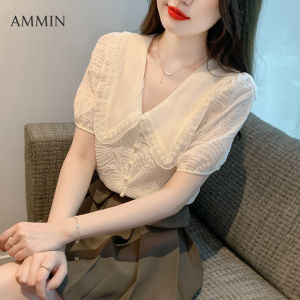 AMMIN เสื้อเบลาส์ปักลายดอกไม้ เสื้อเบลาส์แขนสั้นปกเย็บปะติดกระดูม มูกเสื้อเสื้อชิ้นฟองเที่ยวกระดูม แถวเดียวฉับภาษาเกาหลีสไตล์ สำหรับฤดูร้อน