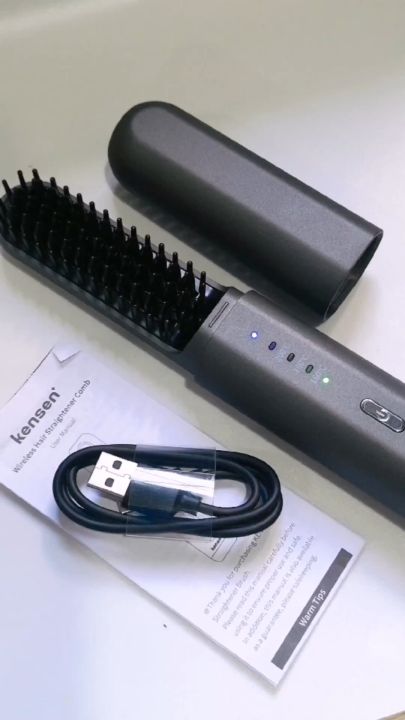 KENSEN Cordless Ionic Hair Straightener Brush USB Rechargeable Wireless Comb 3 Temperature Adjustment 2 in 1 Hair Straightening Brush Hot Curling Iron Hair Curler -Upgrade