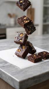 Fudge chocolate brownie with gold leaf decoration and nutella drizzle 5x5x2cm square cube Almond