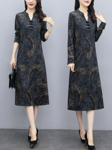 Spring Autumn Long Dress Mommy Style Cheongsam Improved Version Knee-Length Base Skirt Cotton Polyester A-Line Midi Dress