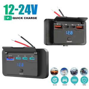 Car Charger Socket Panel 12V/24V 4 Ports Charger Adapter QC3.0 PD Fast Charging with Switch Waterproof for Car Bus RV Truck