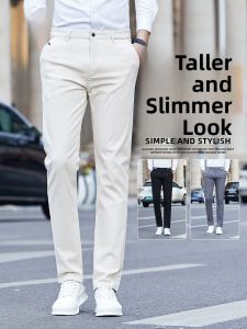 ROMON | Lormen Mens Pure Cotton Casual Pants Summer Thin Fashion Slim Straight Business Suit Pants Beige Long Mens Trousers