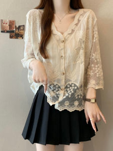 AIYITI | French Sweet Lace Hollow Blouse Jacket Slim Loose V-neck
