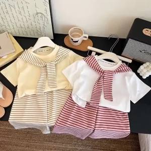 Bộ Trang Phục Mùa Hè 2 Món Cho Bé Gái Với Áo Thun Sọc Và Khăn Choàng + Quần Cotton Giản Dị Quần Áo Thời Trang Trẻ Em Bằng Vải Cotton Cho Trẻ Em 1-12Y