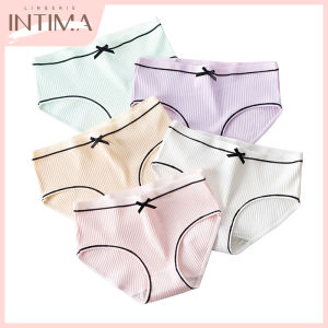 INTIMA 1PC Panty for Women Screw Thread Cotton Underwear Mid-Waist Breathable Lovely Bowknot Girls Briefs Antibacterial Crotch Panties Female Lingerie