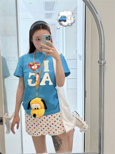 Retro American Blue Short Sleeve T-Shirt Womens Loose Casual Love Heart Print Summer Top Fashionable Versatile round Neck