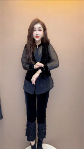 Elegant Velvet And Chiffon Slimming Womens Shirt Autumn 2025 New European Fashion High-End Feelings National Style Blouse