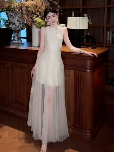 Elegant White Sleeveless Dress Womens High Waist Long Skirt Sweet Style Spring Summer Fashion High Quality Premium French Design