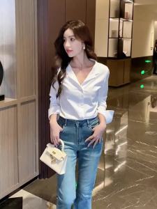 AMMIN 2024 Autumns new simple stand collar fashion long-sleeved single-breasted cotton blouse for women Korean style White commuter elegant Blouse