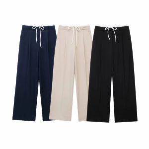 HH Pant For Women Splice Design Pants Drawstring Straight Pant Casual Loose Wide Leg Trousers 2024 Spring Solid Basic Pants