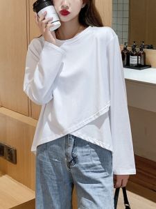 เสื้อยืดคอกลมแขนยาวผ้าฝ้ายสีขาวสำหรับผู้หญิง ทรงหลวม ทรงพอดีตัว ทรงพื้นฐาน ทรงเข้ารูป เสื้อชั้นในแฟชั่นฤดูใบไม้ผลิและฤดูใบไม้ร่วง