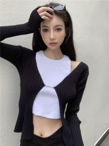 สไตล์เกาหลี สีเขียว ถักสั้น แขนกุด ผู้หญิง ฤดูใบไม้ผลิ บาง เซ็กซี่ แขนยาว สลิมฟิต เสื้อท่อนบน เซ็กซี่ แจ๊กเก็ตตัวยาวสั้น