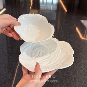 Korean Style Rose Ceramic Bowl Set High End Feeling Rice Salad Dessert Plate Home Use Dining Utensils with Plant Floral Pattern