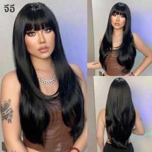 วิกผมสังเคราะห์วิกผมปลอมสีดำชั้นยาวตรงเรียบสำหรับผู้หญิงวิกผมแอฟโฟรธรรมชาติทนความร้อน