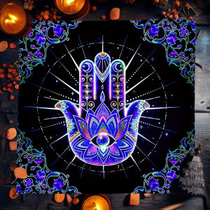 VIKAMA Mystical Handprint Tablecloth Blue And Purple Lotus All-Seeing Eye Waterproof Stain-Resistant Meditation Bohemian Style