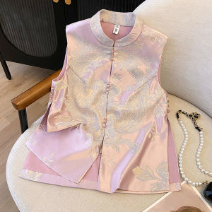 Young Style Chinese New Vest Elegance National Trend Acetate Satin Women Outerwear Short Jacket Top Button Detail Embroidery