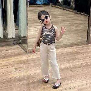 Bộ Đồ Hai Mảnh Thời Trang Thường Ngày Cho Bé Gái Mùa Hè 2024 Bộ Đồ Cotton Có Dây Đeo Cổ Co Giãn Viền Lông Cừu Quần Ống Loe Màu Trắng