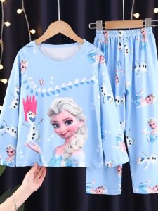 Elsa Princess Sleepwear Long Sleeve Girls Home Clothes Air Conditioner Suit 7 Years Old Girls Cartoon Print Pyjamas Set