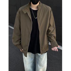 แจ็คเก็ตฮาร์ลิ่งตันคอตั้งสไตล์ย้อนยุคแบบลำลองสำหรับผู้ชายในฤดูใบไม้ร่วงสีพื้นสไตล์อเมริกันสวมใส่สบาย