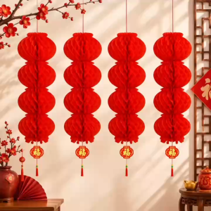 Chinese New Year Red Honeycomb Lantern Hanging Decoration with Fu Blessing Tassel for Spring Festival Home Party Decor