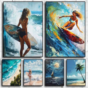 Ocean Waves Boat Surf Palm Trees Beach View Poster Canvas Painting Print Wall Art Picture Modern Living Room Home Decor