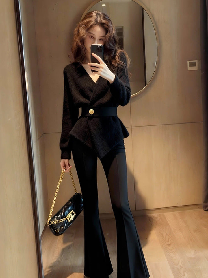 XUECAIQI | Elegant Hepburn Style Winter Knitted Sweater and Flare Trousers Women Set