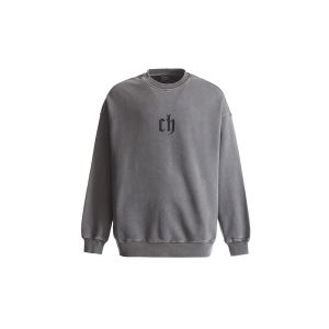 CHINISM | Heavyweight Washed Black Round Neck Mens Hoodie