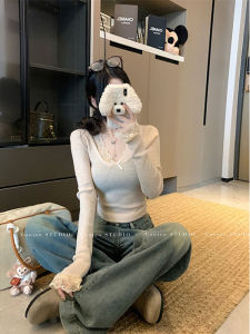 Soft Vintage Lace Splice Knitted Sweater Long Sleeve Pure Desire Style Inner Wear Slim Fit Breathable V-Neck Daily Casual Top