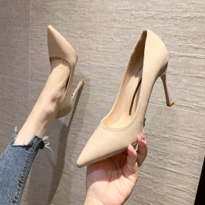 Giày Cao Gót Mũi Nhọn Da Bóng Màu Trơn Cho Nữ Mùa Hè 2021 Đế Cao Su Gót Mỏng Phong Cách Công Sở Thường Ngày