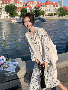 White Floral Print Chiffon French Tea Break Long Dress Spring Autumn New Gentle Style Two-Piece Set Womens Dress Korean Style Commute