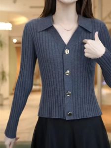 เสื้อคาร์ดิแกนถักคอวีสั้นสำหรับผู้หญิง ทรงหลวม ทรงเข้ารูป ทรงเข้ารูป สีสันสดใส แขนยาว ปกติ ปกติ ปกติ ปกติ ปกติ