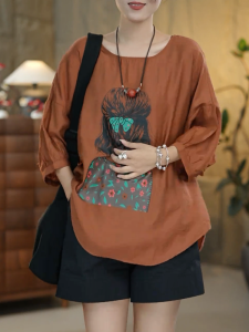 QINGNAER | Vintage Floral Print Blouse Slim Fit 3/4 Sleeve