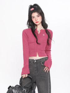 Áo Thun Cổ Tròn Dài Tay Màu Đỏ Hồng Ôm Vừa Vặn Ngắn Mùa Xuân Mới Về Thời Trang Công Sở Thường Ngày Cho Nữ