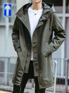 Mens Mid-Length Cotton-Enhanced Casual Coat British Style Spring Autumn Winter High-End Feel Loose Fit Polyester Fiber
