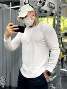 Muscle Long-Sleeved American-Style Mens Tough Guy Clothes Henley Shirt