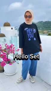 Setelan Cargo Wanita Viral Hello Set Kaos Katun Combed 24s M L XL XXL 3XL Oneset Celana Atasan Jumbo