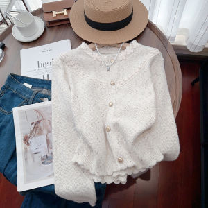 เสื้อสเวตเตอร์คาร์ดิแกนถักทรงหลวมสไตล์ฝรั่งเศสสำหรับผู้หญิงในฤดูใบไม้ร่วงและฤดูหนาวพร้อมกระเป๋าทรงกลม