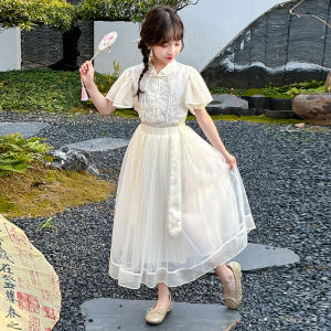 ชุดเดรสผ้าไหมสไตล์จีนฤดูร้อนสำหรับเด็กผู้หญิง ชุดสองชิ้น เดรสยาวปานกลาง แขนสั้น คอตั้ง สไตล์จีนใหม่ แฟชั่น