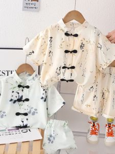 New Summer Outfit Set for Boys Baby New Chinese Style Two-Piece Set Childrens Fashionable Traditional Costume Cotton Linen Material