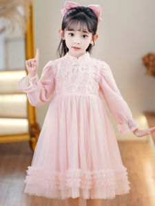 Princess Style Girls Dress Spring Autumn Long Sleeve Puffy Skirt Traditional Chinese Style Cotton Dress for Little Girls