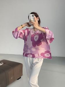 92987 One Size (45-75kg) Miyake Spring Printed Pleated T-Shirt Lantern Sleeve Loose Slimming Elegant Top For Women