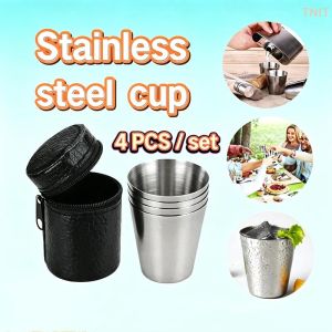 OUHOE | [J] 4pcs/set 30ML Stainless Steel Cups Set Outdoor Portable Glass Set With Leather Case Mini Glasses